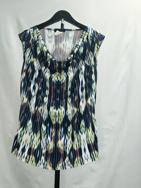 Cowl-Neck Sleeveless Tank in Navy Multicolor Print